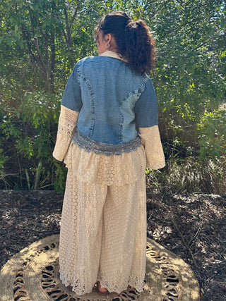 Young Threads Desert Dream Washed Denim & Lace Kimono Cardigan Top