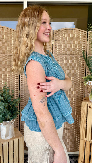 Alternate view of POL Blue Bohemian Pintuck Top
