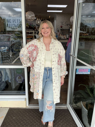Elegant POL Ivory & Floral Longline Button-Down Duster - Perfect for Layering.
