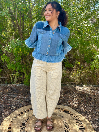 Young Threads Shades of Denim Ruffle Hem Crop Jacket Top