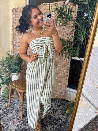 Alternate view of Pistachio Sage Stripe Strapless Jumpsuit
