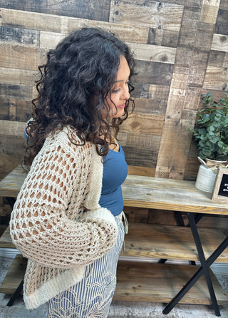 Alternate view of POL Latte Crochet & Ivory Trim Cardigan Top
