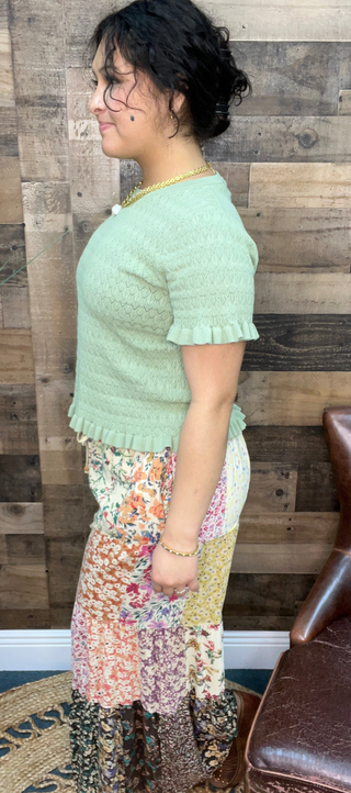 Listicle Light Sage Cable Knit Short Slv Ruffle Hem Sweater Top