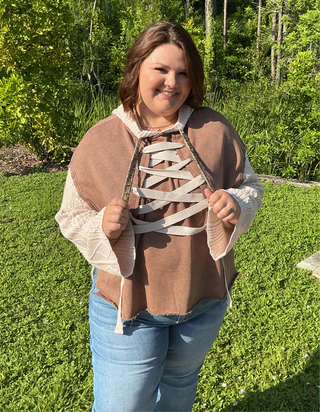 POL Mocha Sweater Top w/ Lace Down Detail