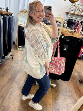 Alternate view of POL Gypsy Belle Blue Short Sleeve Oversized Button Down Top
