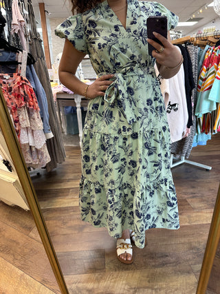 Alternate view of A & She Sage & Navy Floral Split Neck Midi Dress
