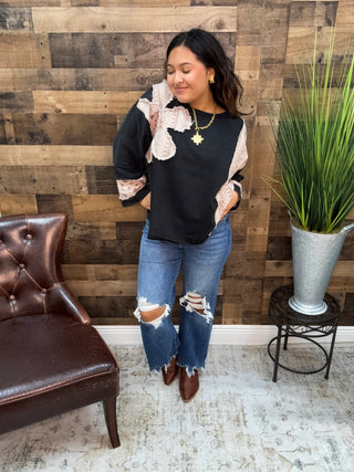 Umgee Black Vintage Flower Patch Long Slv Top