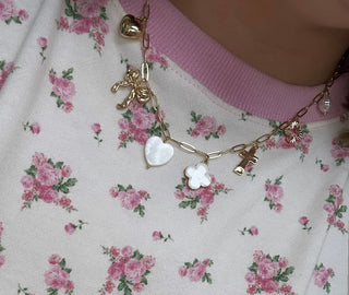 Alternate view of Gold Charm Necklace with Heart, Cross, Bow, Pearl & Clover
