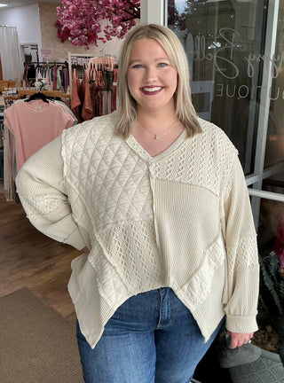 POL Vintage Oatmeal Patchwork Long Slv V Neck Top