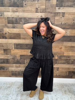 Davi & Dani Ruched BLACK Ruffle Pant & Short Sleeve Top Set