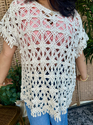 Alternate view of Easel Criss Cross Natural Crochet Top OVERSIZED
