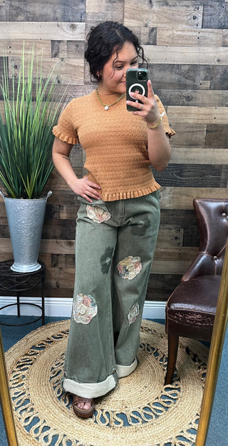 Listicle Caramel Cable Knit Short Slv Ruffle Hem Sweater Top