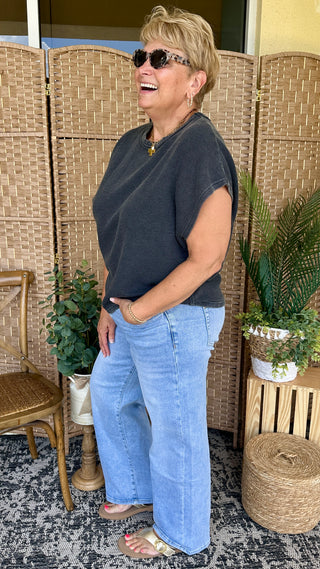 Alternate view of Easel Plain Jane BLACK Drop Shoulder Top OVERSIZED
