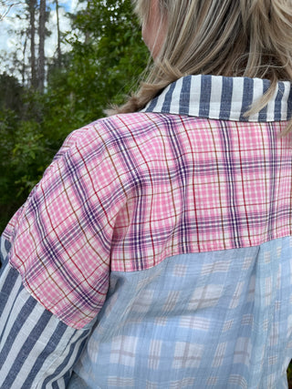 Alternate view of Like Love Blue & Pink Button Down Plaid Stripe Mix Top

