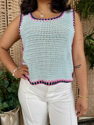 Alternate view of Powder Blue Crochet Sweater Tank Top

