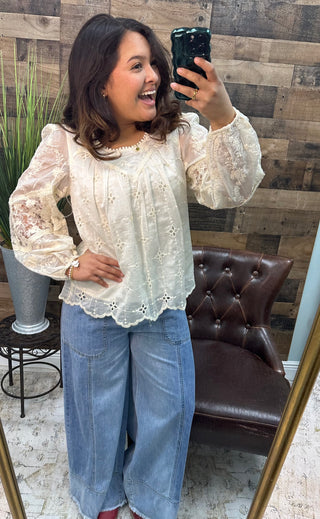 Listicle Ivory Eyelet Embroidered Sheen Top