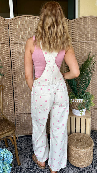 Alternate view of Peach Love Cream & Lt Pink Polka Dot Overalls
