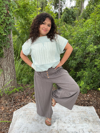 Fantastic Fawn Sage French Terry Lace Contrast Top