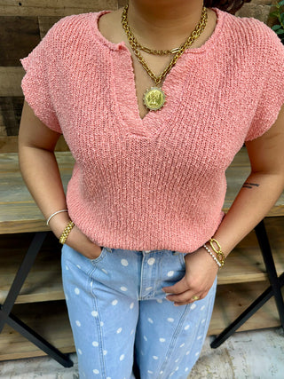 Alternate view of In Feb Sweet Pea Peach Relaxed Slub Knit Split Neck Sweater Top

