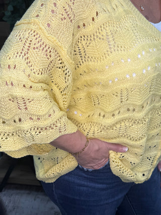 POL DANDELION YELLOW Crochet Short Sleeve Scalloped Edge Top