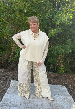 Davi & Dani Natural & Grey Mixed Fabric Denim Pants w/ Patch Details