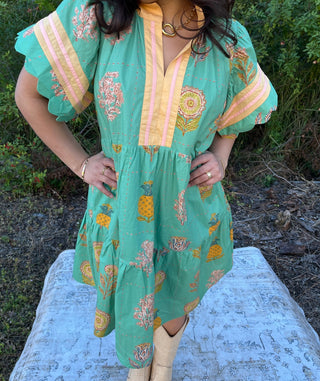 Umgee Mint Pattern Tiered Flutter Slv Short Dress