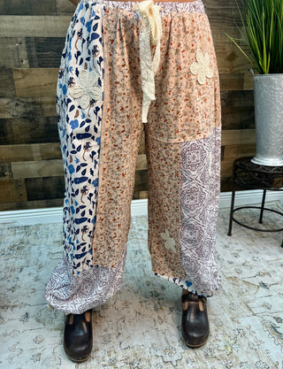 POL Peach & Blue Floral  Patchwork Jogger w/ Crochet Detail