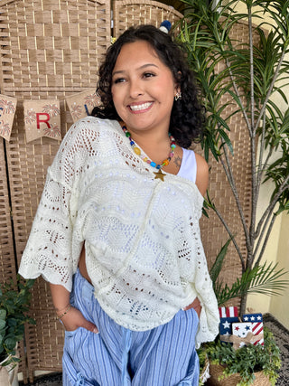 Alternate view of POL IVORY Crochet Short Sleeve Scalloped Edge Top
