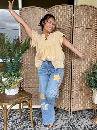 Alternate view of Easel Gold Star Washed Denim Patchwork Pants
