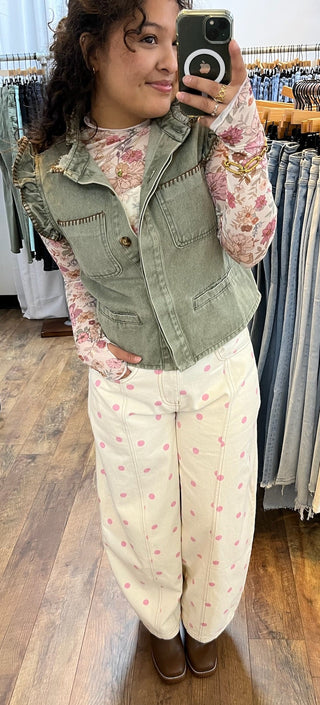 Clay Rose Floral Print Mesh Long Slv Layering Top  w/ Thump Opening