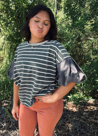 ee:some Striped Textured Top with Contrast Puff Sleeves, Available in 2 Colors - Stylish Women's Fashion