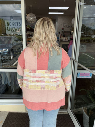 Pink Mix Fabric Long Sleeve Lace Accent Collar Top by Oli & Hali, stylish and elegant women's fashion blouse.