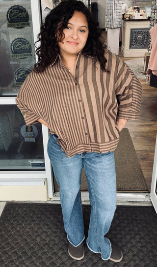 Umgee Vertical Mix Stripe Button Down Shacket Top (2 COLORS)