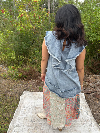 Oli & Hali Denim Washed Ruffle Collar Tencel Top