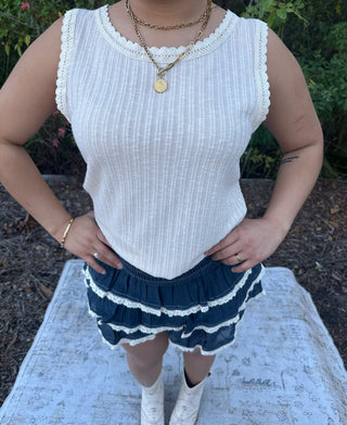 Listicle Navy Frilly Smocked Tiered Ruffle Trim Skort