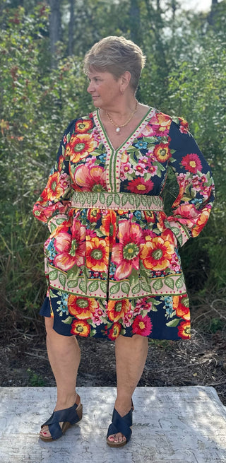 Oddi Navy Floral Border Printed Dress w/ Smocked Waist & Balloon Sleeves