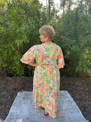 Oddi Minty Garden Floral Printed Tiered Midi Dress w/ Puff Sleeve & Elastic Waist