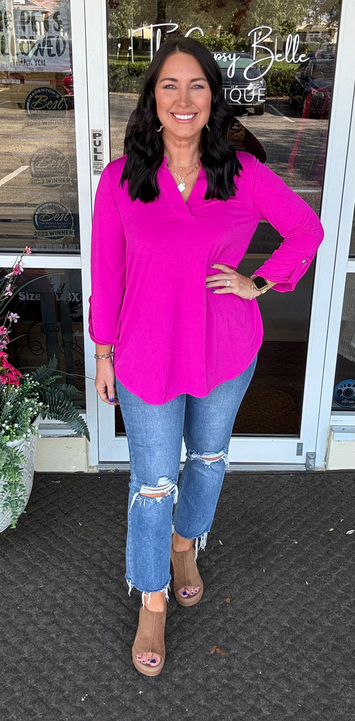 Dear Scarlett - Basic Hot Magenta 3/4 Sleeve Top - The Gypsy Belle Boutique