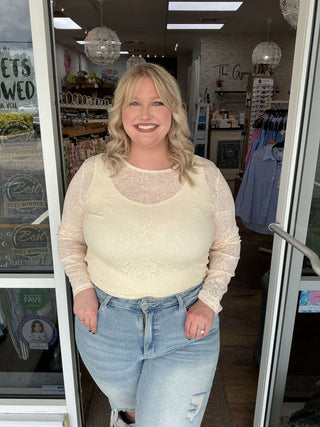 Cream Floral Lace Layering Top by Davi & Dani, featuring delicate patterns, perfect for stylish and elegant layering.