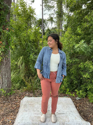 Origami Chambray Ruffles 3/4 Slv Shacket Top