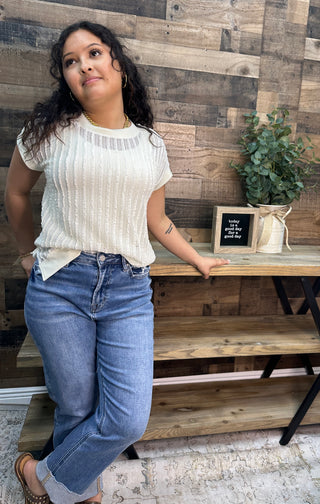 Staccato Ivory Open Weave Vertical Textured Stripe Top