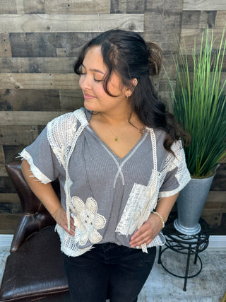 POL Grey Ribbed Ivory Crochet Detail Hoodie Top