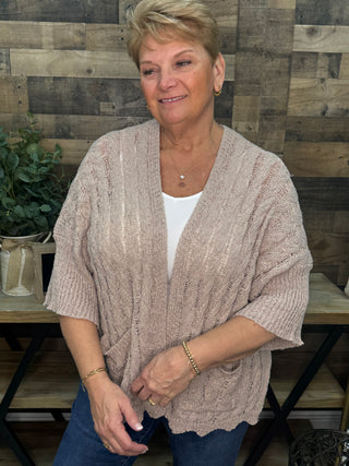 POL CARAMEL ALMOND Crochet Open Front Cardigan