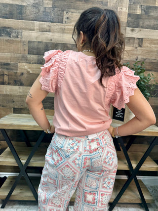 Alternate view of Easel Blush Eyelet Flutter Sleeve Top
