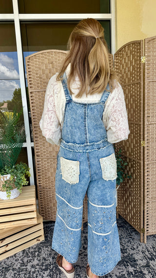 Alternate view of POL Denim & Ivory Eyelet Overalls
