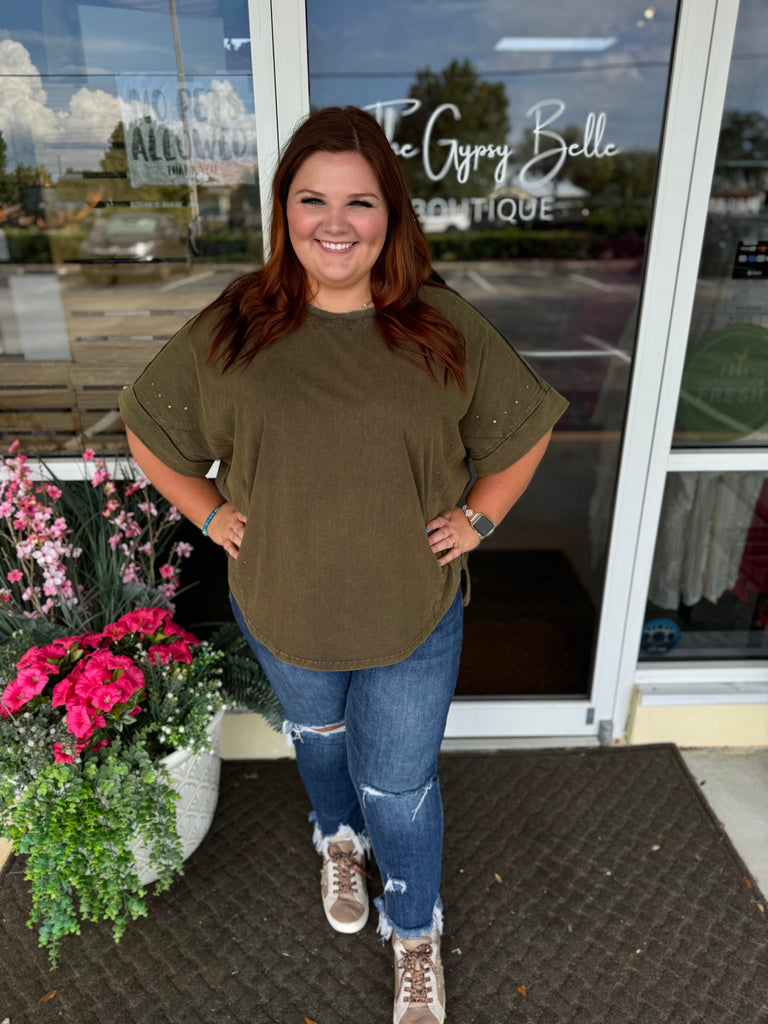 Easel - Olive Mineral Wash Short Slv Top - The Gypsy Belle Boutique