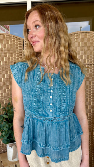 POL Blue Bohemian Pintuck Top
