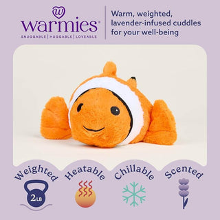 A cozy Warmies Clown Fish Plush toy with vibrant orange and white colors, perfect for cuddling and relaxation.