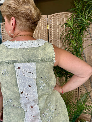Olive linen tank top with white lace trim and eyelet details, oversized fit.