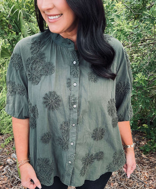 POL Charcoal Olive Button Down Top with Floral Embroidery for Stylish Women’s Fashion